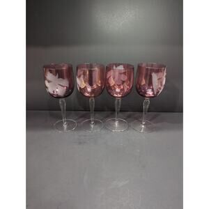 Cranberry Red Wine Glasses, White‎ Etched Flowers, Set Of 4, 7.75" H, Elegant